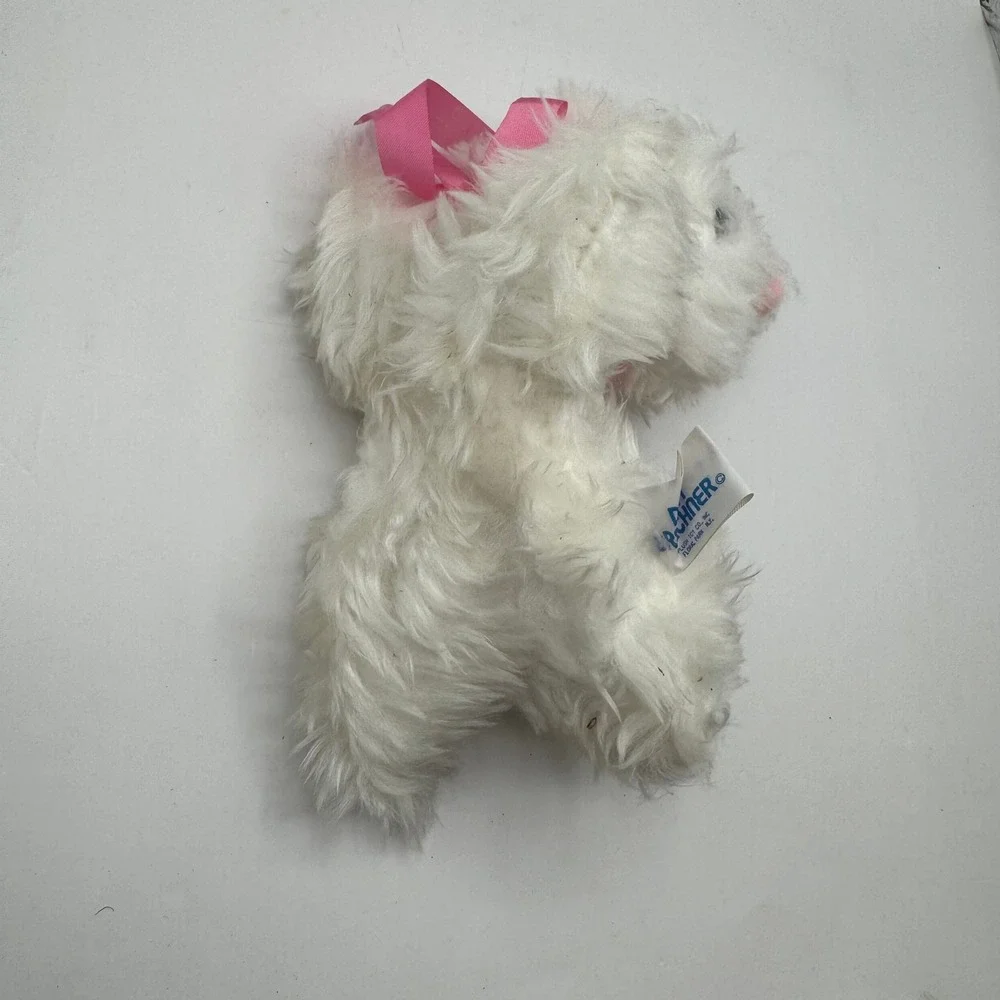 Dan Brechner Plush Cat Kids 9 Inch White Pink Ribbon Shaggy Vintage Kitty Toy
